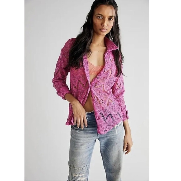 Free Peoole Until Sundown Crochet Shacket Shirt Small Gin Fizz Pink NWOT - Picture 1 of 17